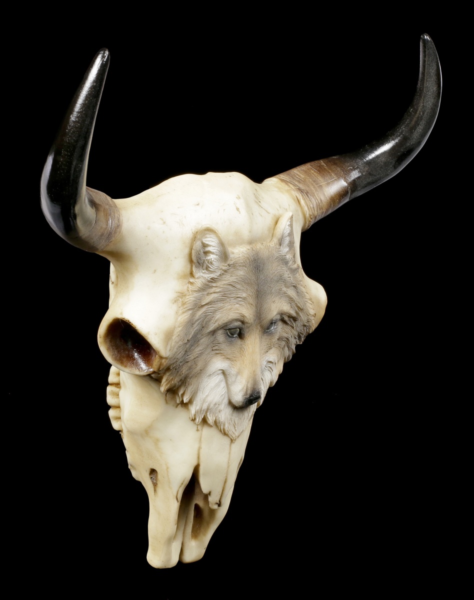 Native Spirit Rinder Schädel mit grauem Wolfskopf Bullenschädel Wanddeko